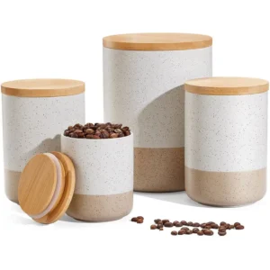 Set of 4 Ceramic Canisters with wooden lids