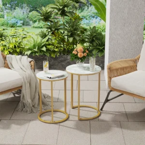 Set of 2 Stone Round Metal Base Nesting Tables