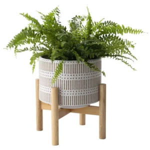 Ceramic Plant Pot with Wood Stand 7.3 Inch