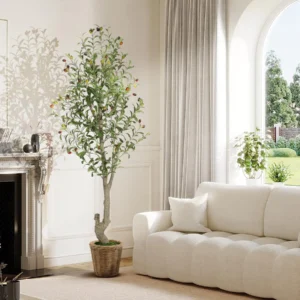 Artificial Olive Tree with White Planter and Green Artificial Moss for Home Office Living Room Bedroom Stairs Foyer Decor
